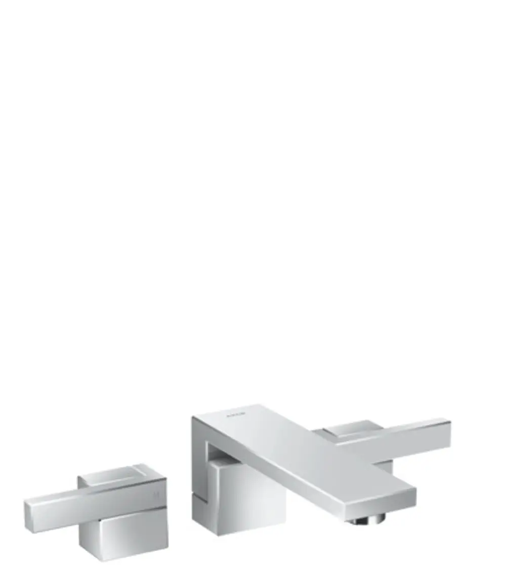 Waschtischarmatur von AXOR im minimalistischen Design, bestehend aus einem Auslauf und zwei separate Steuerhebeln für Wärme- und Wassermenge an einer Wandmontage.
